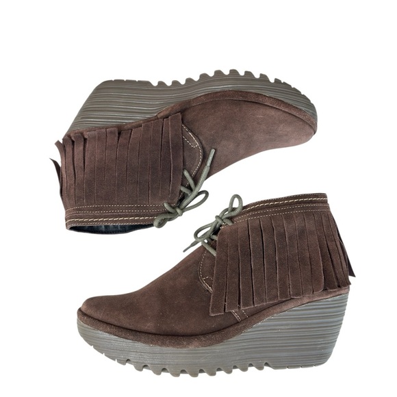 Fly London Yank Fringe Ankle Boot Lace Up Booties Brown SUEDE Size 40 US 9 / 9.5 - Picture 2 of 16